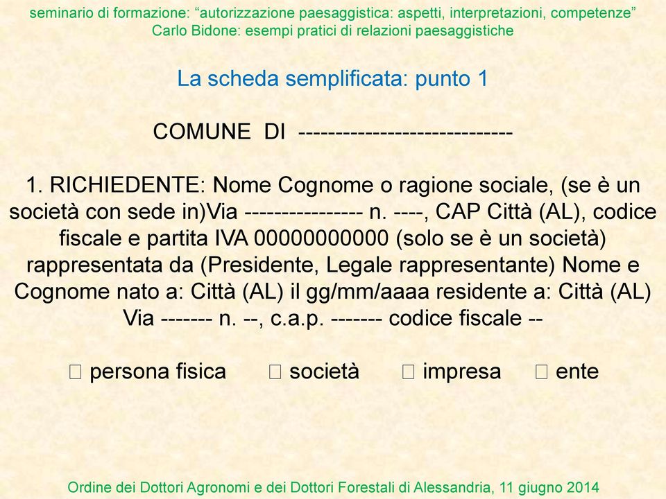 ----, CAP Città (AL), codice fiscale e partita IVA 00000000000 (solo se è un società) rappresentata da (Presidente,