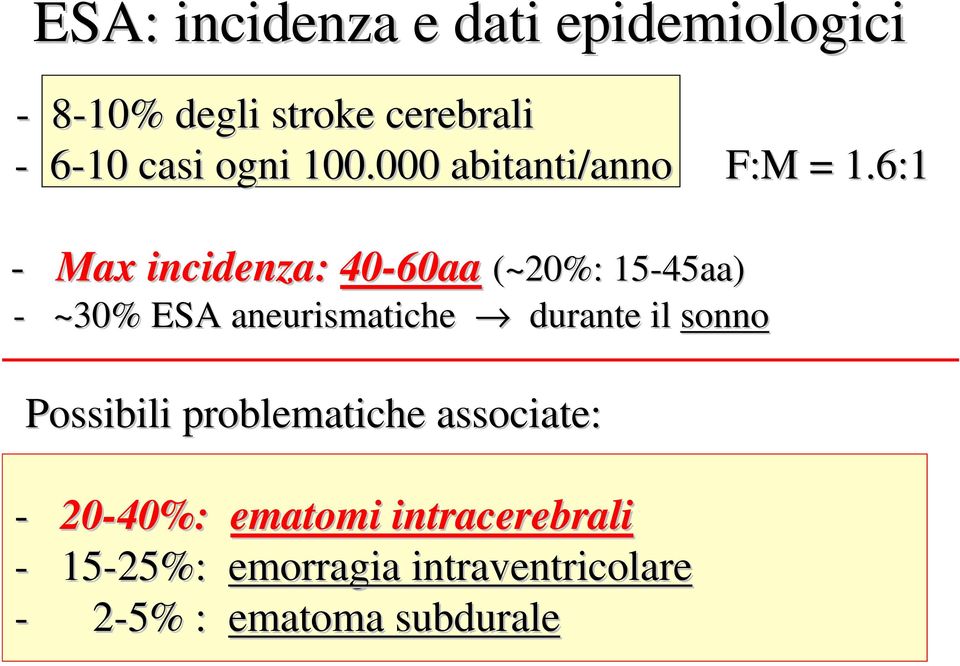 6:1 - Max incidenza: 40-60aa 60aa (~20%: 15-45aa) - ~30% ESA aneurismatiche durante