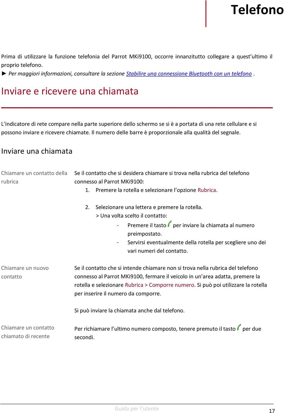 Inviare e ricevere una chiamata L indicatore di rete compare nella parte superiore dello schermo se si è a portata di una rete cellulare e si possono inviare e ricevere chiamate.