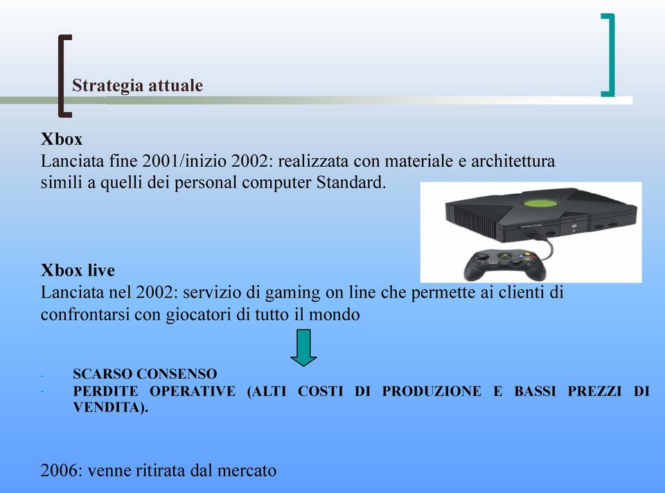 Xbox live Lanciata nel 2002: servizio di gaming on line che permette ai clienti di confrontarsi