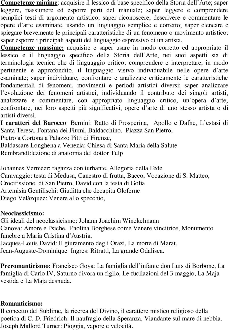 fenomeno o movimento artistico; saper esporre i principali aspetti del linguaggio espressivo di un artista.