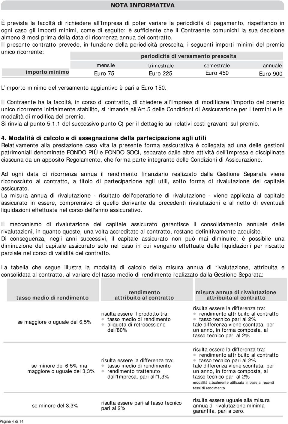 Il presente contratto prevede, in funzione della periodicità prescelta, i seguenti importi minimi del premio unico ricorrente: periodicità di versamento prescelta importo minimo L importo minimo del