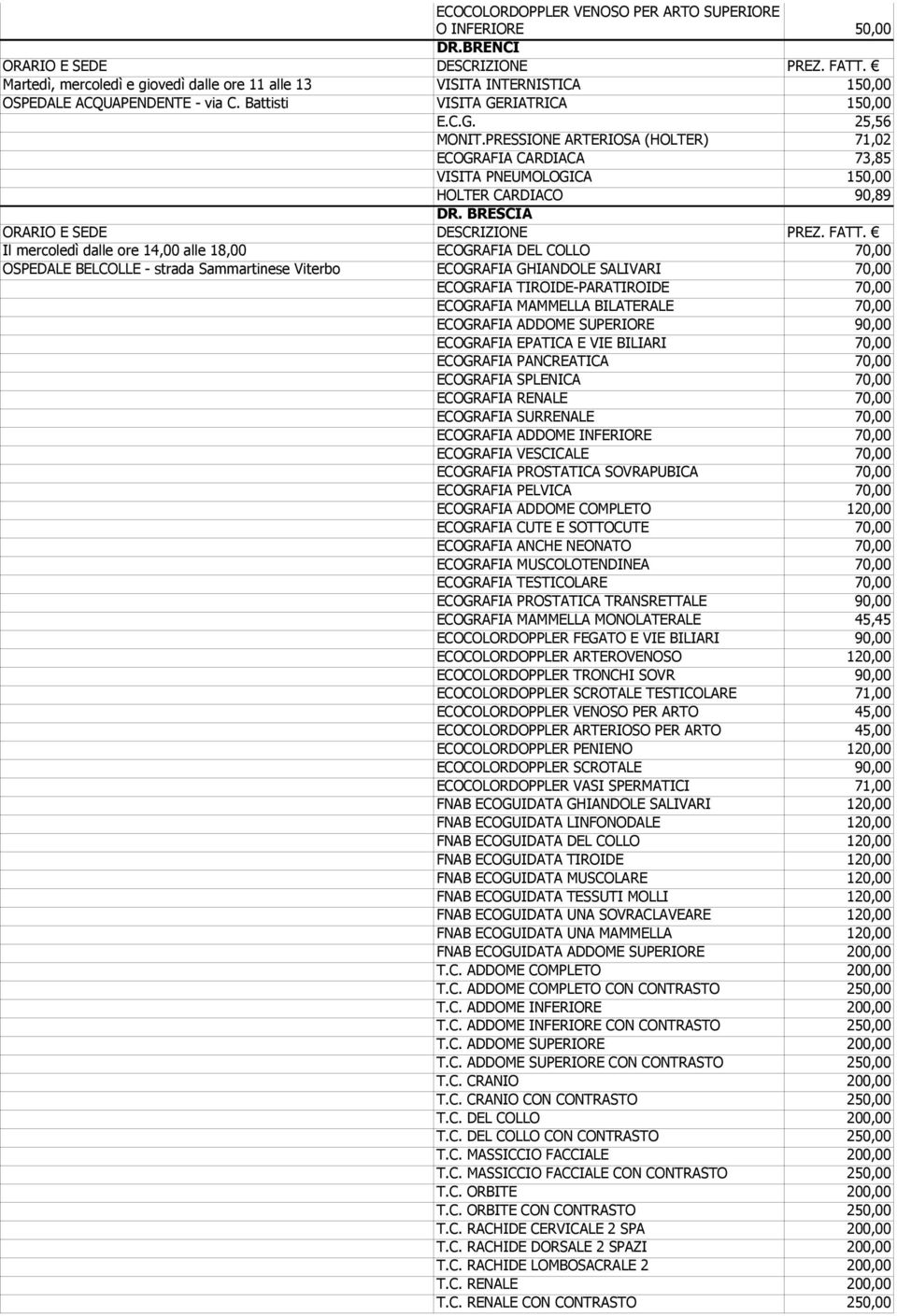 BRESCIA Il mercoledì dalle ore 14,00 alle 18,00 ECOGRAFIA DEL COLLO 70,00 OSPEDALE BELCOLLE - strada Sammartinese Viterbo ECOGRAFIA GHIANDOLE SALIVARI 70,00 ECOGRAFIA TIROIDE-PARATIROIDE 70,00