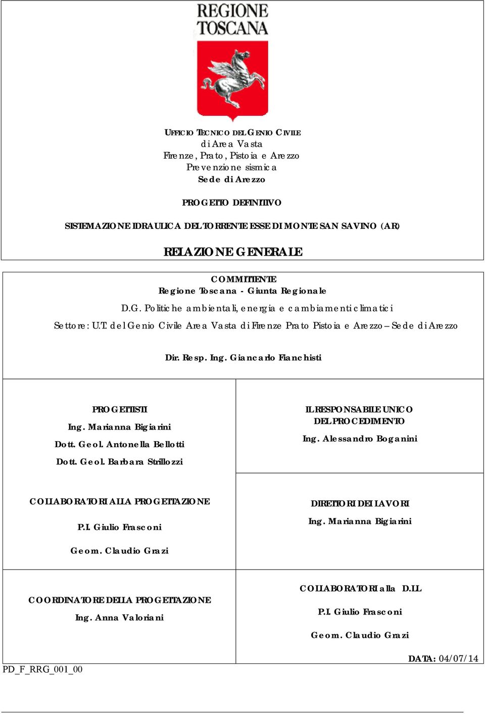 Resp. Ing. Giancarlo Fianchisti PROGETTISTI Ing. Marianna Bigiarini Dott. Geol. Antonella Bellotti Dott. Geol. Barbara Strillozzi IL RESPONSABILE UNICO DEL PROCEDIMENTO Ing.