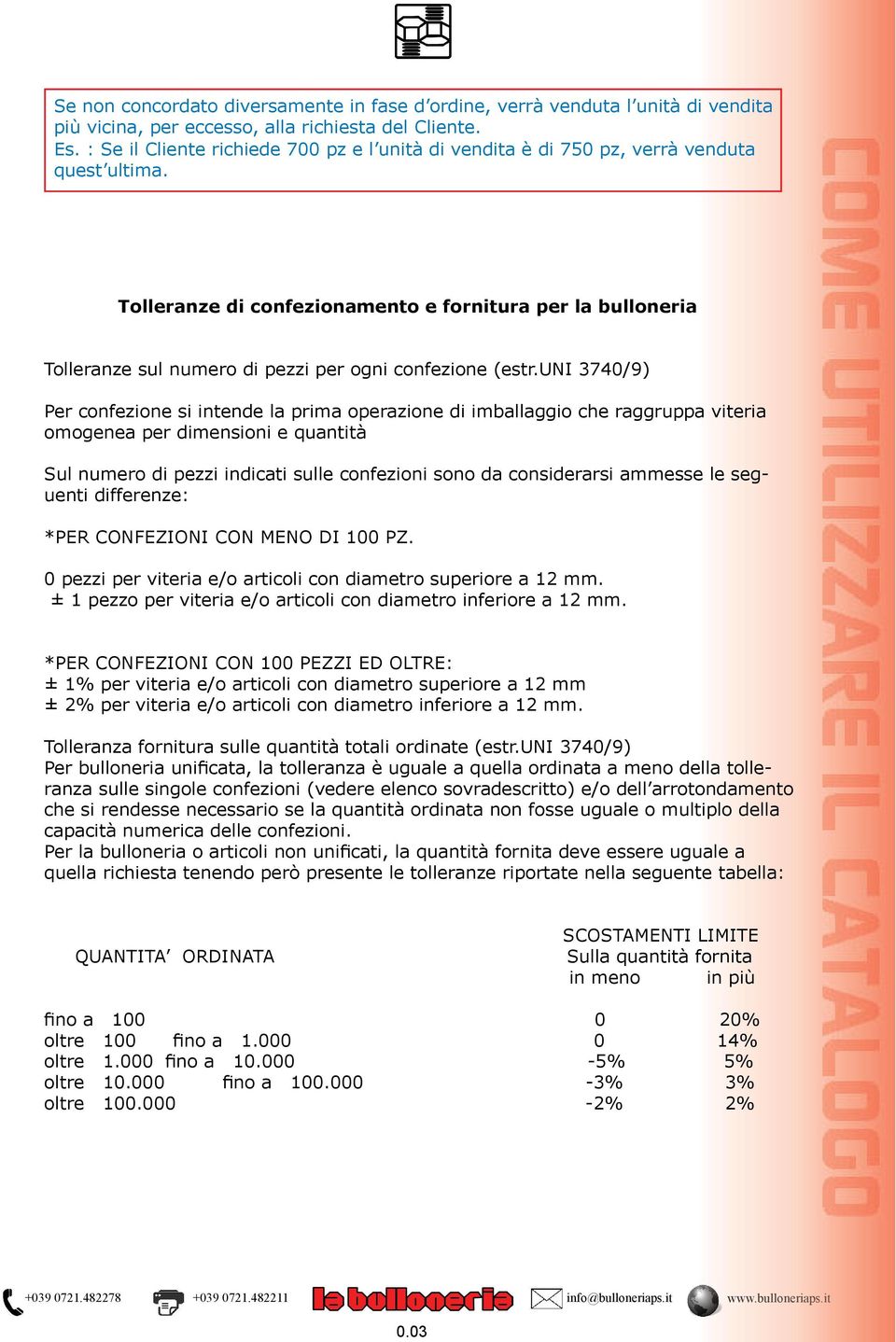 Tolleranze di confezionamento e fornitura per la bulloneria Tolleranze sul numero di pezzi per ogni confezione (estr.