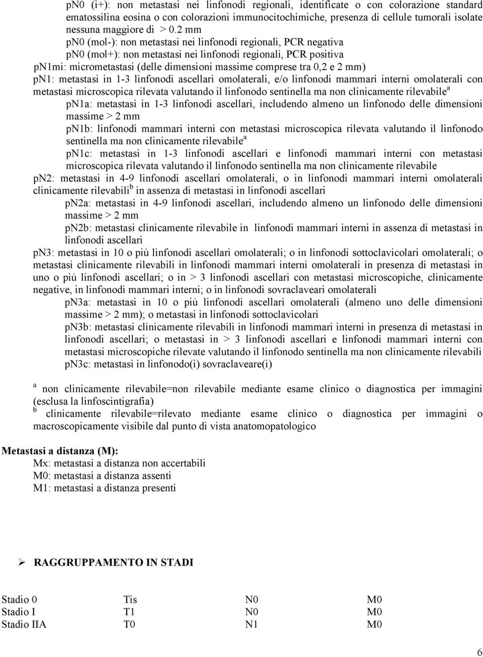 2 mm pn0 (mol-): non metastasi nei linfonodi regionali, PCR negativa pn0 (mol+): non metastasi nei linfonodi regionali, PCR positiva pn1mi: micrometastasi (delle dimensioni massime comprese tra 0,2 e