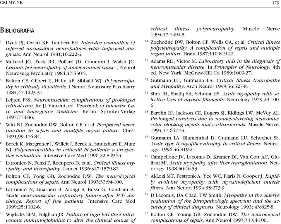 Polyneuropathy in critically ill patients. J Neurol Neurosurg Psychiatry 1984;47:1223-31. 4 Leijten FSS. Neuromuscular complications of prolonged critical care. In: JL Vincent, ed.