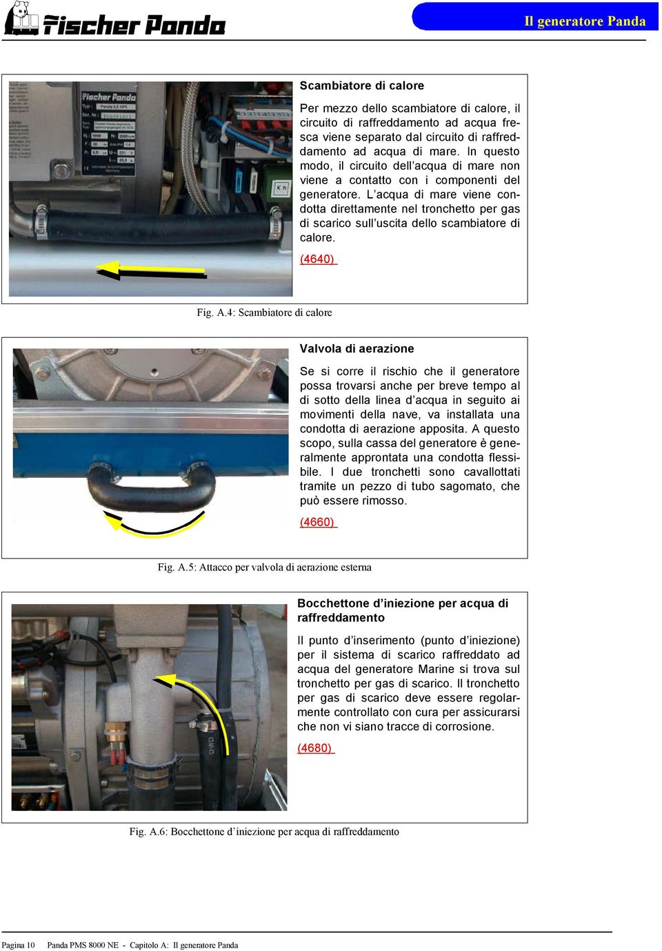 L acqua di mare viene condotta direttamente nel tronchetto per gas di scarico sull uscita dello scambiatore di calore. (4640) Fig. A.