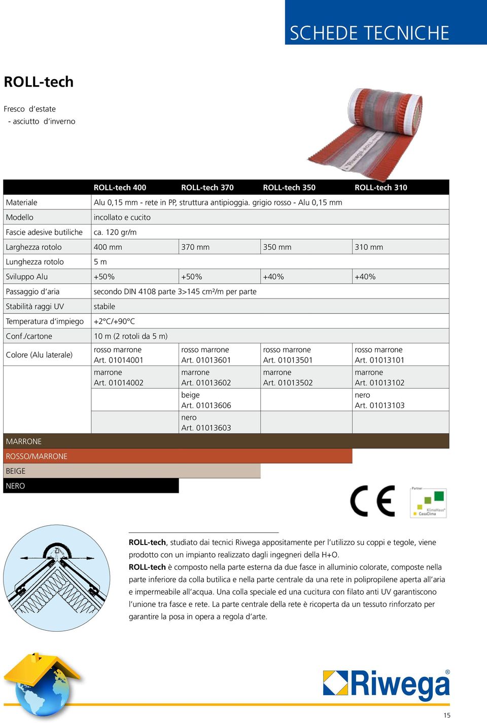 120 gr/m Larghezza rotolo 400 mm 370 mm 350 mm 310 mm Lunghezza rotolo 5 m Sviluppo Alu +50% +50% +40% +40% Passaggio d aria Stabilità raggi UV Temperatura d impiego secondo DIN 4108 parte 3>145