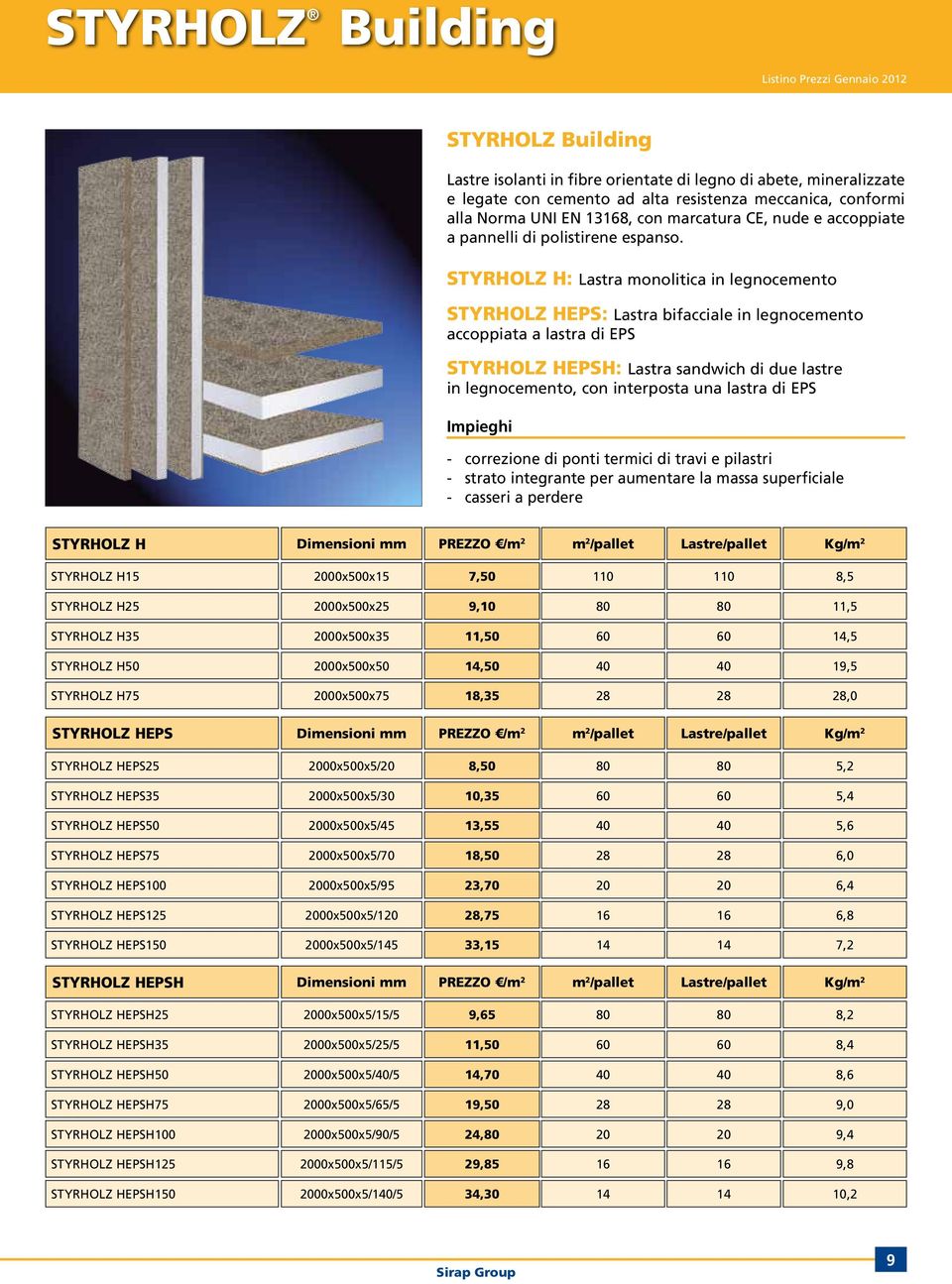 STYRHOLZ H: Lastra monolitica in legnocemento STYRHOLZ HEPS: Lastra bifacciale in legnocemento accoppiata a lastra di EPS STYRHOLZ HEPSH: Lastra sandwich di due lastre in legnocemento, con interposta