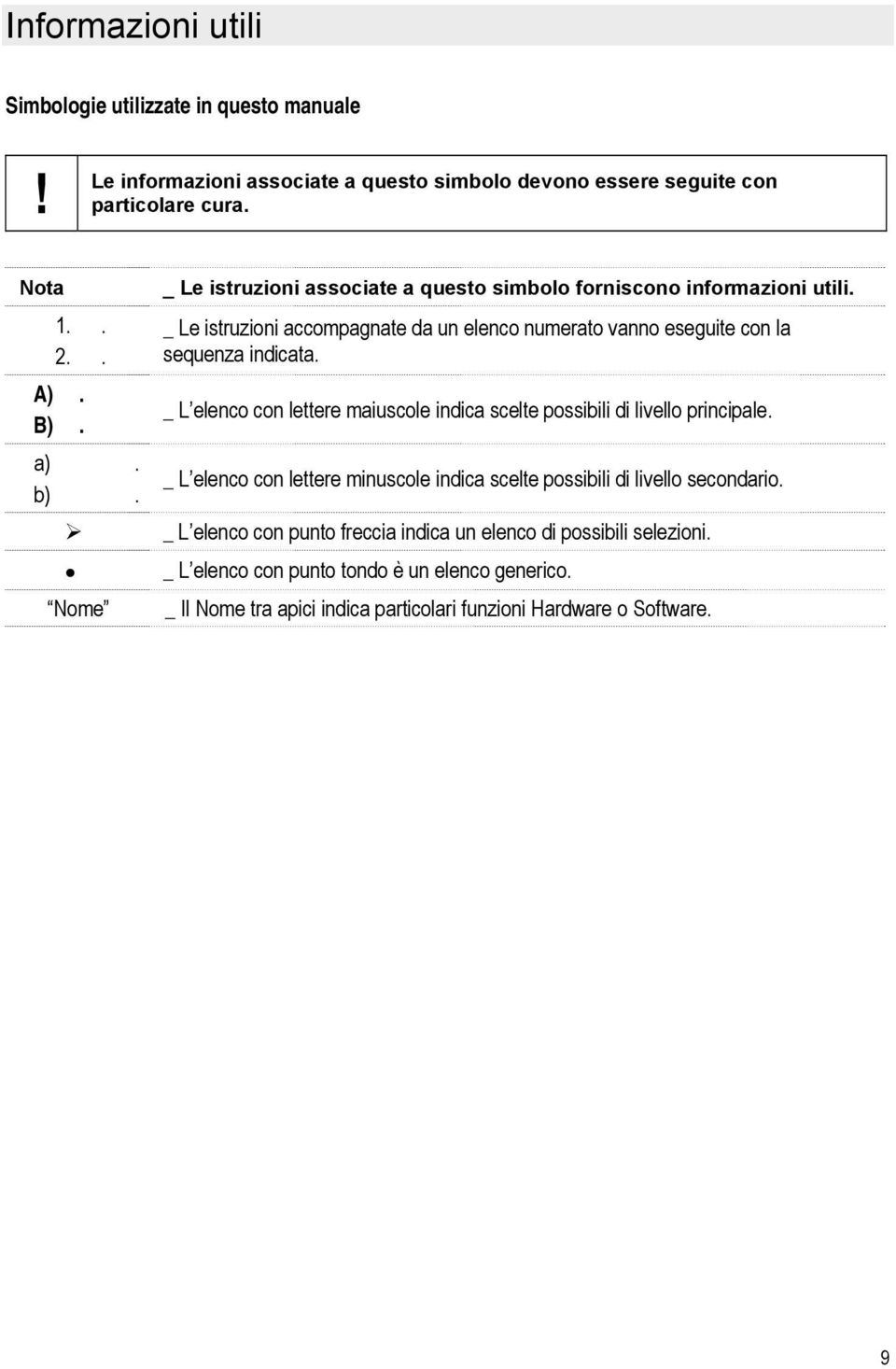 . sequenza indicata. A). B). _ L elenco con lettere maiuscole indica scelte possibili di livello principale. a). b).