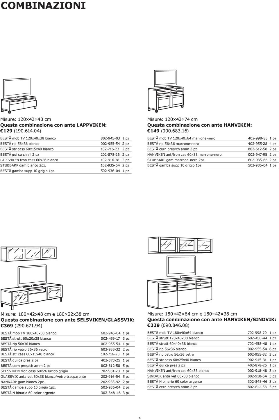 60x26 bianco 102-916-78 2 pz STUBBARP gam bianco 2pz. BESTÅ gamba supp 10 grigio 1pz. 102-935-64 2 pz 502-936-04 1 pz Misure: 120 42 74 cm Questa combinazione con ante HANVIKEN: 149 (090.683.