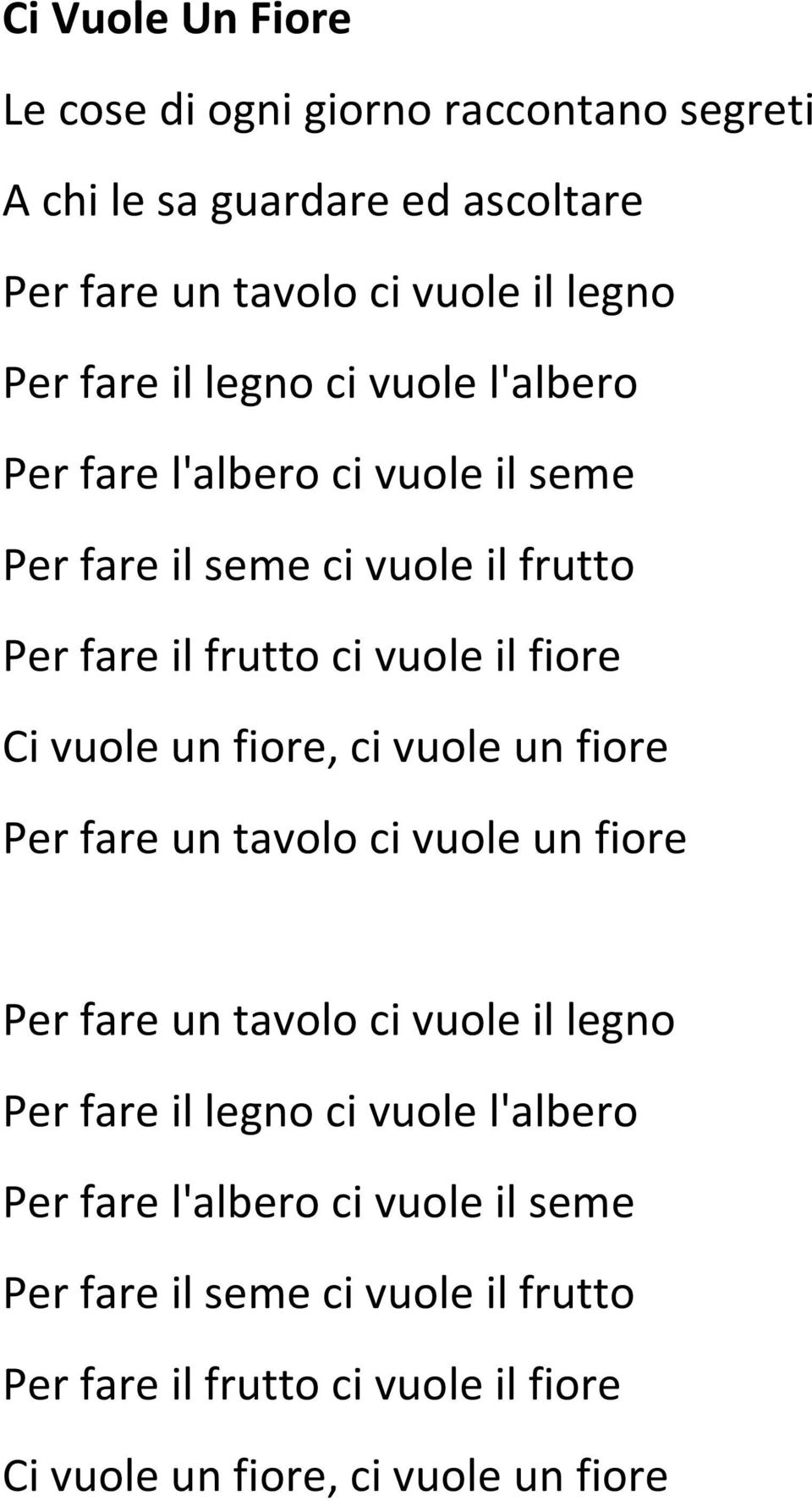 vuole un fiore, ci vuole un fiore Per fare un tavolo ci vuole un fiore Per fare un tavolo ci vuole il legno Per fare  vuole un fiore, ci