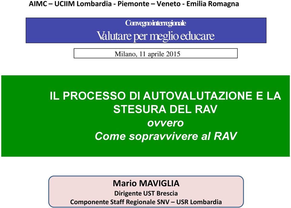 PROCESSO DI AUTOVALUTAZIONE E LA STESURA DEL RAV ovvero Come sopravvivere