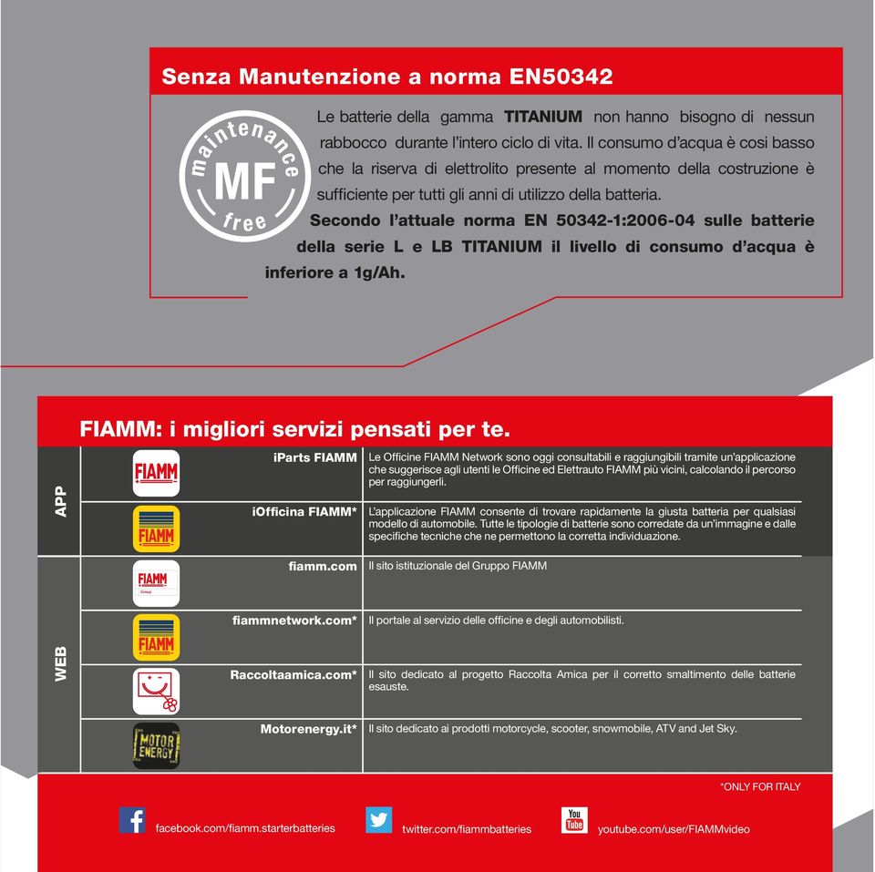 Secondo l attuale norma EN 50342-1:2006-04 sulle batterie della serie L e LB TITANIUM il livello di consumo d acqua è inferiore a 1g/Ah. APP FIAMM: i migliori servizi pensati per te.