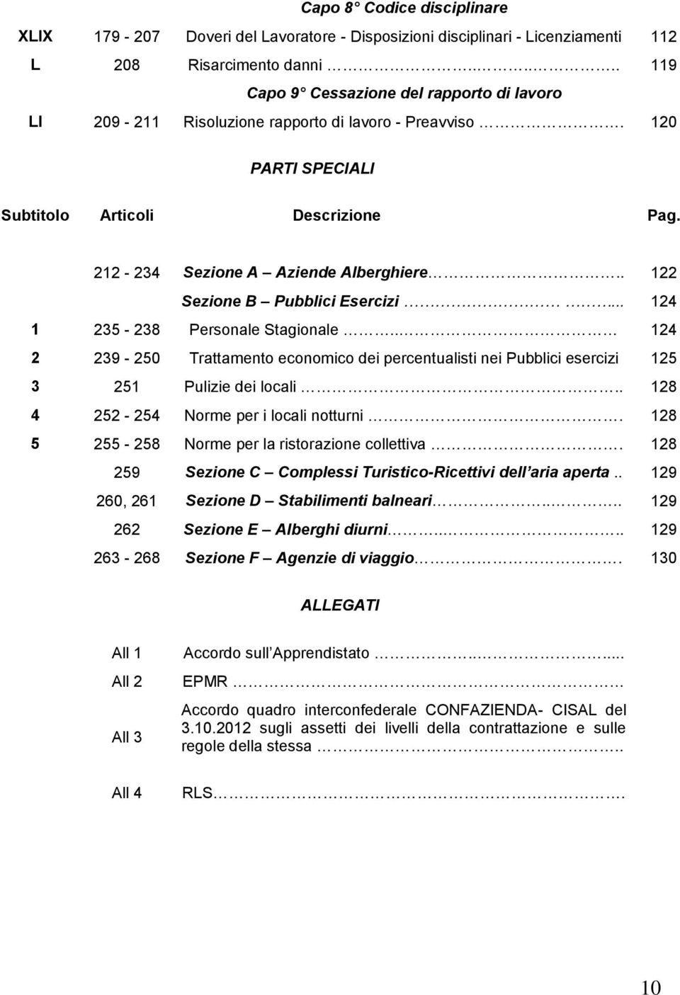 . 122 Sezione B Pubblici Esercizi... 124 1 235-238 Personale Stagionale.. 124 2 239-250 Trattamento economico dei percentualisti nei Pubblici esercizi 125 3 251 Pulizie dei locali.