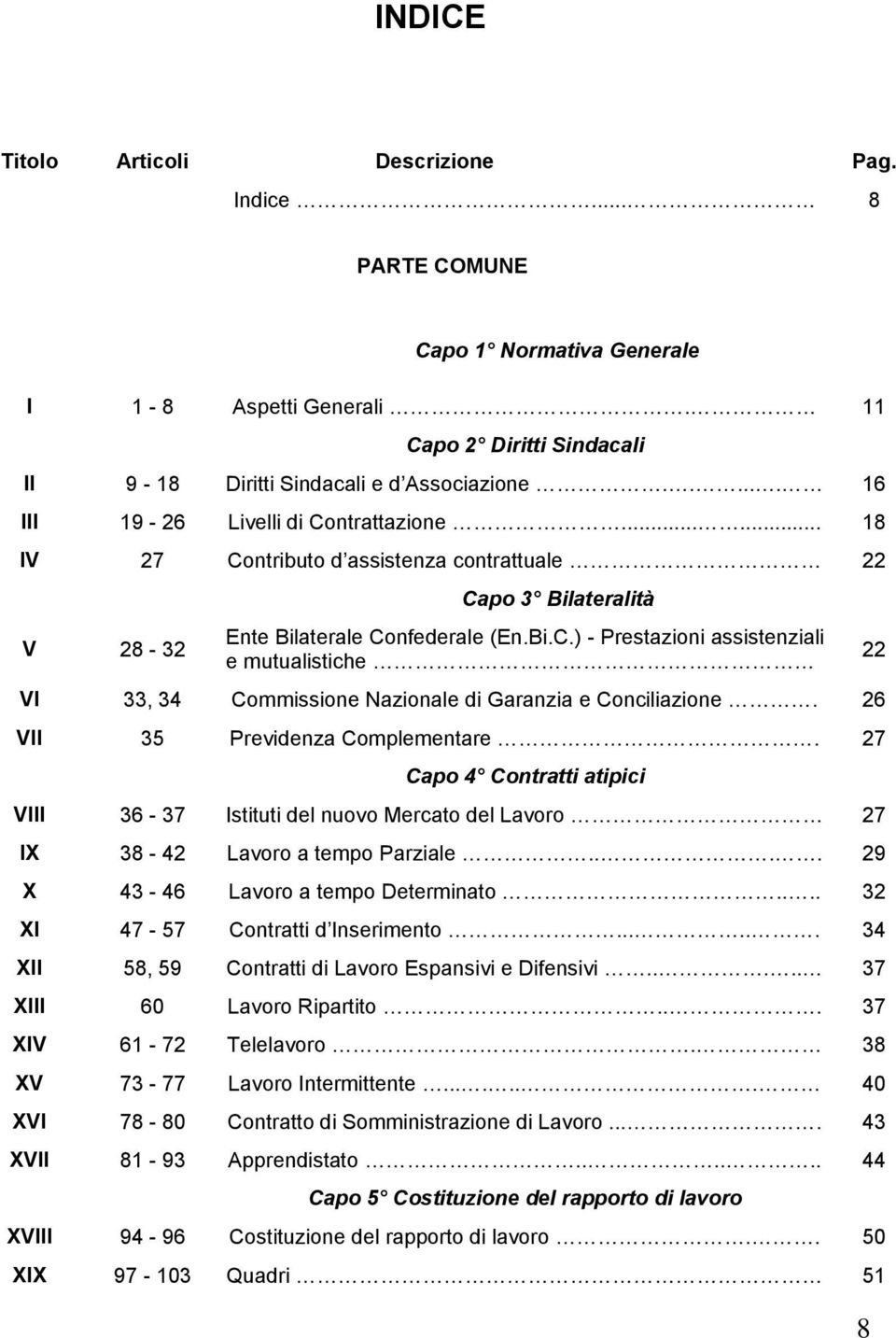 26 VII 35 Previdenza Complementare. 27 Capo 4 Contratti atipici VIII 36-37 Istituti del nuovo Mercato del Lavoro 27 I 38-42 Lavoro a tempo Parziale.... 29 43-46 Lavoro a tempo Determinato.