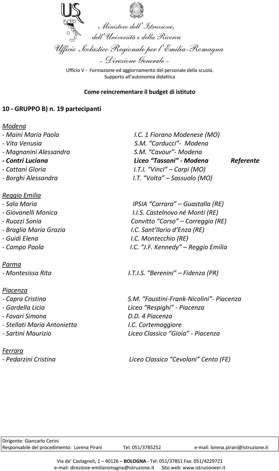 I.S. Castelnovo né Monti (RE) - Ruozzi Sonia Convitto Corso Correggio (RE) - Braglia Maria Grazia I.C. Sant Ilario d Enza (RE) - Guidi Elena I.C. Montecchio (RE) - Campo Paola I.C. J.F.