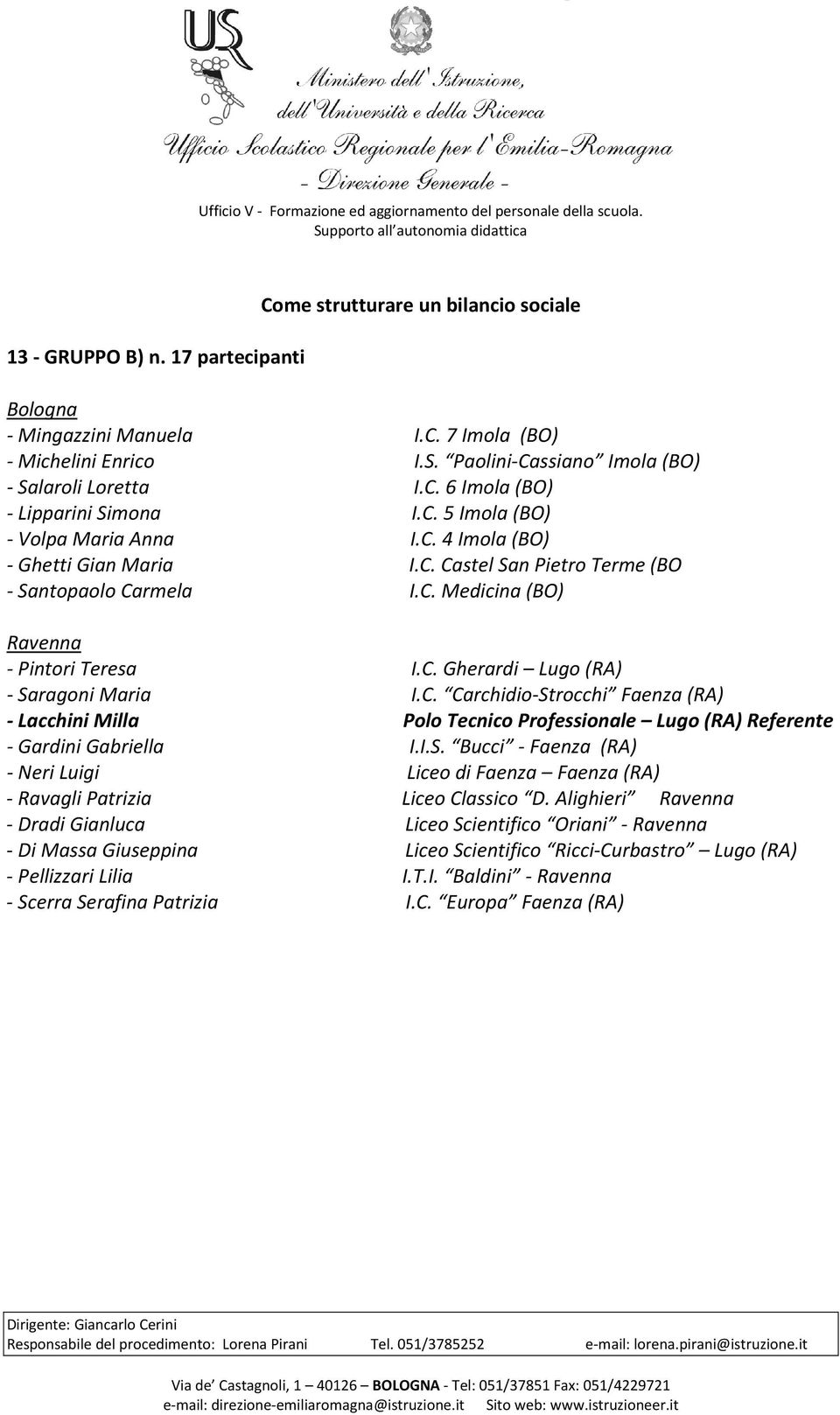 C. Carchidio-Strocchi Faenza (RA) - Lacchini Milla Polo Tecnico Professionale Lugo (RA) Referente - Gardini Gabriella I.I.S. Bucci - Faenza (RA) - Neri Luigi Liceo di Faenza Faenza (RA) - Ravagli Patrizia Liceo Classico D.