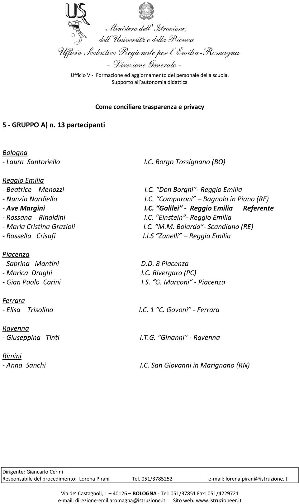 I.S Zanelli Reggio Emilia Piacenza - Sabrina Mantini D.D. 8 Piacenza - Marica Draghi I.C. Rivergaro (PC) - Gian Paolo Carini I.S. G. Marconi - Piacenza Ferrara - Elisa Trisolino I.C. 1 C.