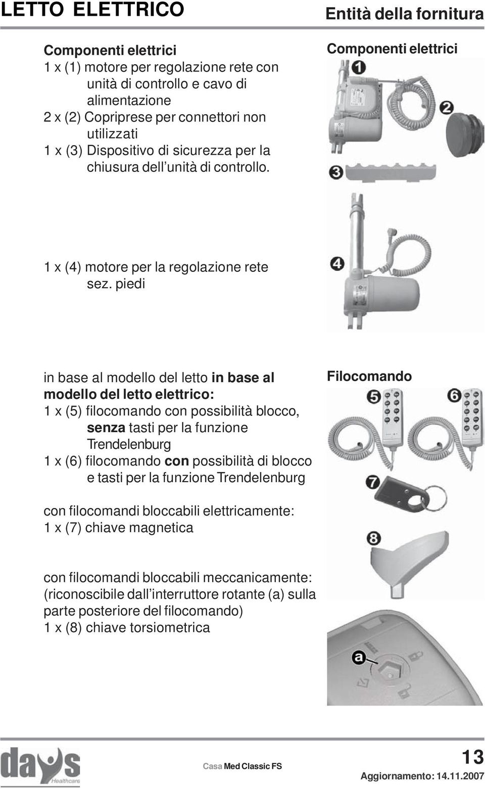 piedi in base al modello del letto in base al modello del letto elettrico: 1 x (5) filocomando con possibilità blocco, senza tasti per la funzione Trendelenburg 1 x (6) filocomando con possibilità di