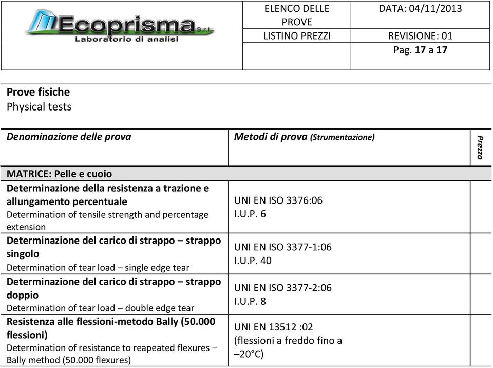 strappo strappo doppio Determination of tear load double edge tear Resistenza alle flessioni-metodo Bally (50.