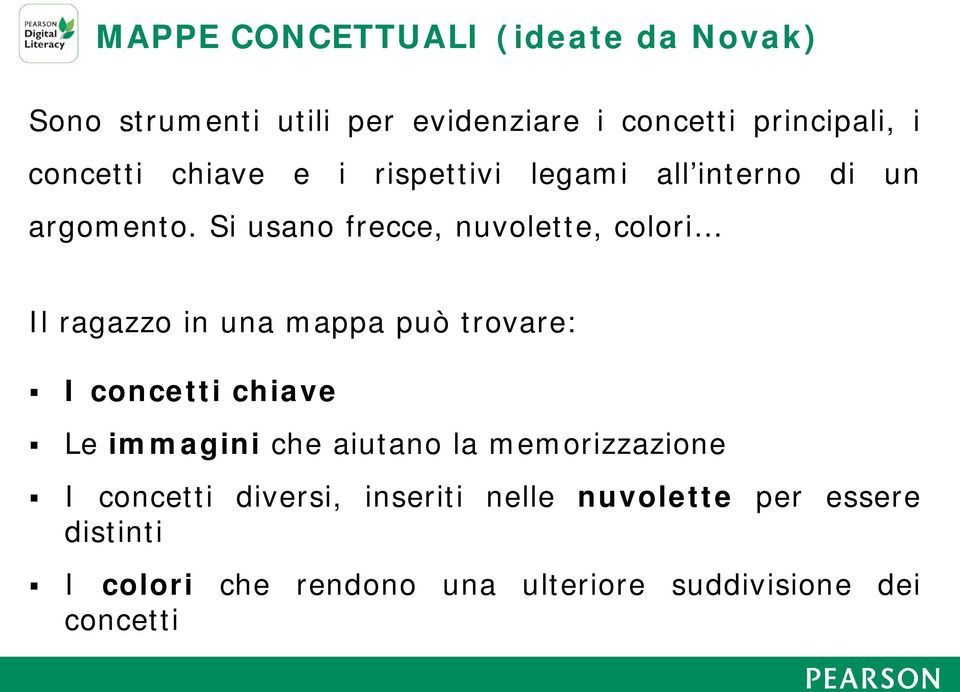 Si usano frecce, nuvolette, colori Il ragazzo in una mappa può trovare: I concetti chiave Le immagini che