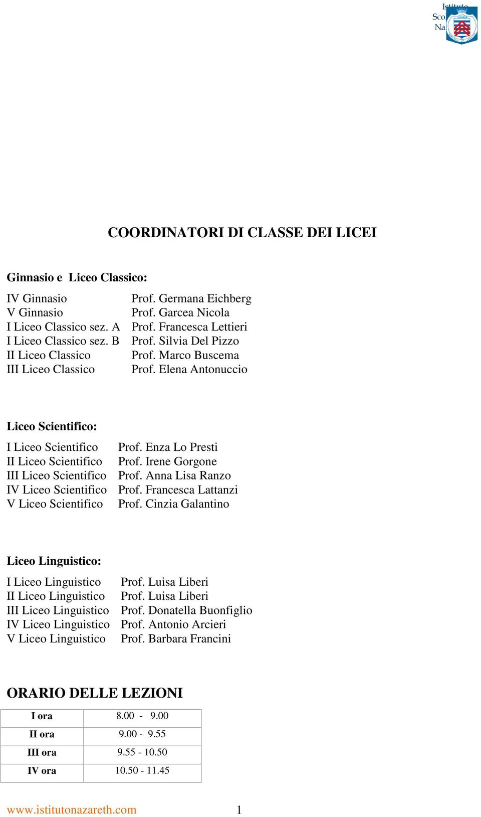 Irene Gorgone III Liceo Scientifico Prof. Anna Lisa Ranzo IV Liceo Scientifico Prof. Francesca Lattanzi V Liceo Scientifico Prof. Cinzia Galantino Liceo Linguistico: I Liceo Linguistico Prof.