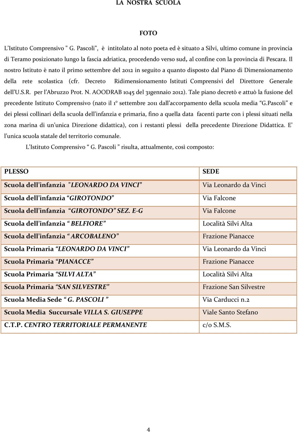 Il nostro Istituto è nato il primo settembre del 2012 in seguito a quanto disposto dal Piano di Dimensionamento della rete scolastica (cfr.