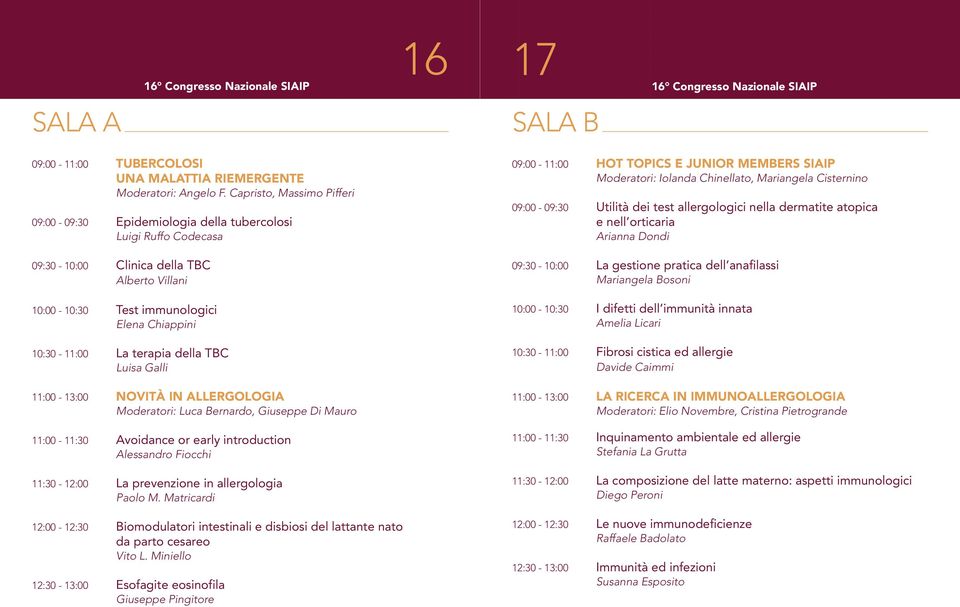 terapia della TBC Luisa Galli 11:00-13:00 NOVITÀ IN ALLERGOLOGIA Moderatori: Luca Bernardo, Giuseppe Di Mauro 11:00-11:30 Avoidance or early introduction Alessandro Fiocchi 11:30-12:00 La prevenzione