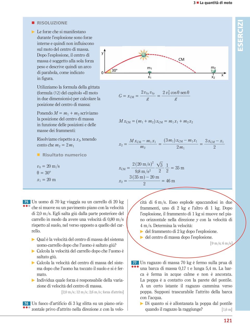 Utilizziamo la formula della gittata (formula (1) del capitolo «Il moto in due dimensioni») per calcolare la posizione del centro di massa: Ponendo M = m1+ m scriviamo la posizione del centro di