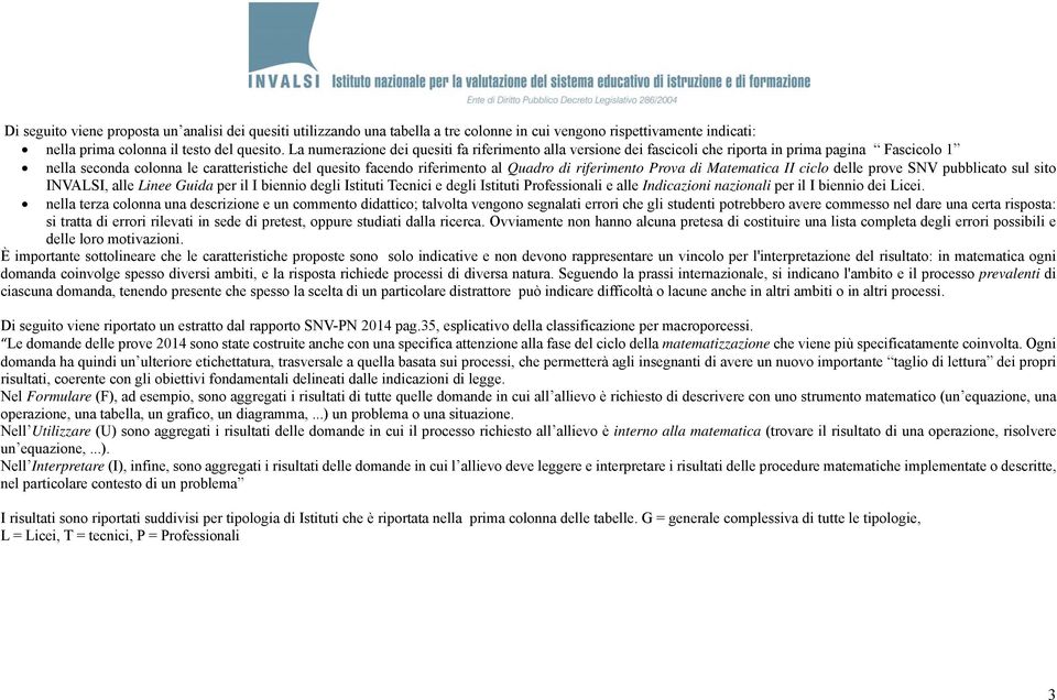 riferimento Prova di Matematica II ciclo delle prove SNV pubblicato sul sito INVALSI, alle Linee Guida per il I biennio degli Istituti Tecnici e degli Istituti Professionali e alle Indicazioni