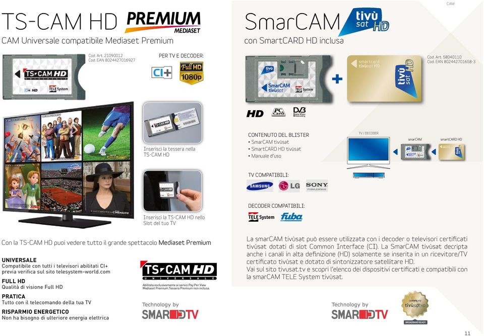 Inserisci la TS-CAM HD nello Slot del tuo TV Con la TS-CAM HD puoi vedere tutto il grande spettacolo Mediaset Premium UNIVERSALE Compatibile con tutti i televisori abilitati CI+ previa verifica sul