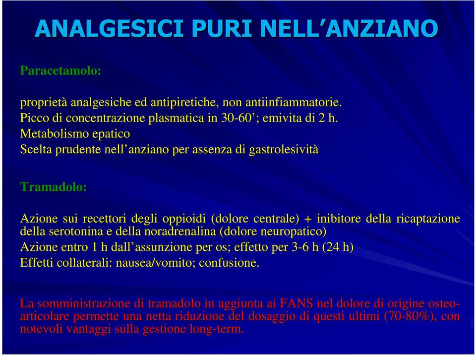 serotonina e della noradrenalina (dolore neuropatico) Azione entro 1 h dall assunzione assunzione per os; effetto per 3-63 6 h (24 h) Effetti collaterali: nausea/vomito; confusione.