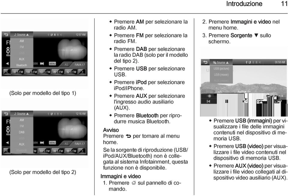 Premere AUX per selezionare l'ingresso audio ausiliario (AUX). Premere Bluetooth per riprodurre musica Bluetooth. Avviso Premere q per tornare al menu home.