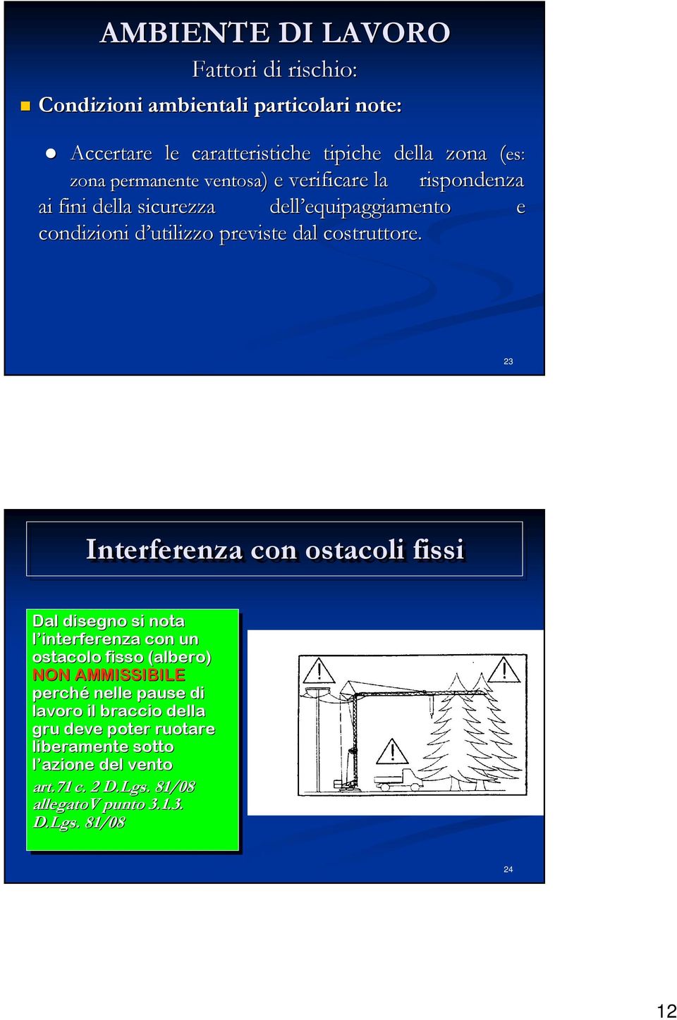 23 Interferenza con ostacoli fissi Dal disegno si si nota l interferenza con un un ostacolo fisso (albero) NON AMMISSIBILE perché nelle pause di di