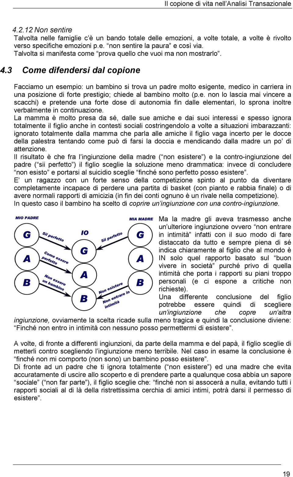 3 Come difendersi dal copione Facciamo un esempio: un bambino si trova un padre molto esigente, medico in carriera in una posizione di forte prestigio; chiede al bambino molto (p.e. non lo lascia mai vincere a scacchi) e pretende una forte dose di autonomia fin dalle elementari, lo sprona inoltre verbalmente in continuazione.