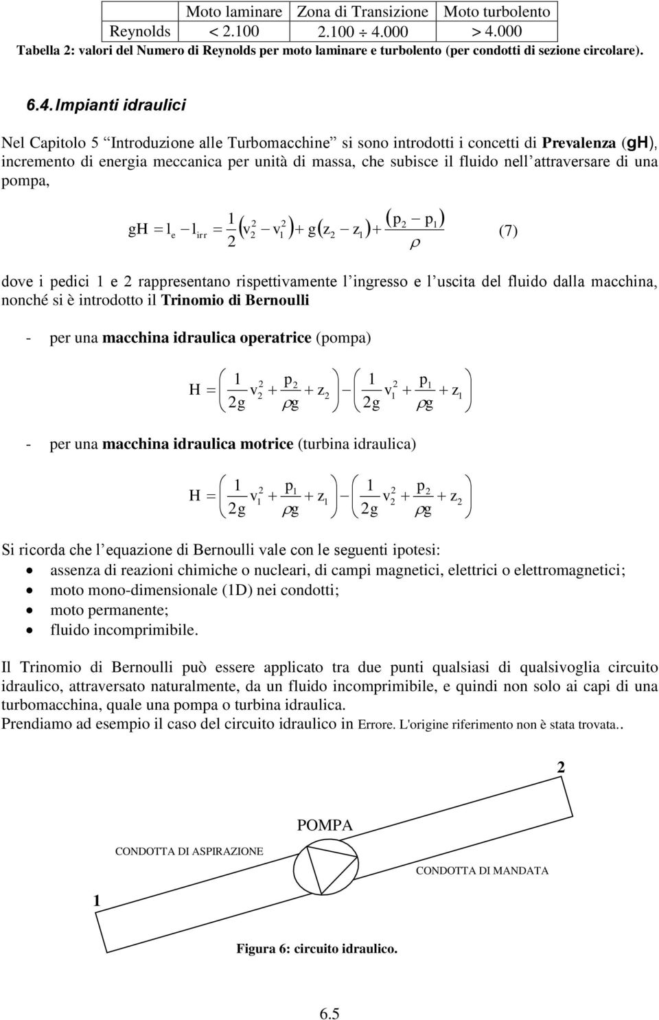 000 Tabella : valori del Numero di Reynolds per moto laminare e turbolento (per condotti di sezione circolare). 6.4.