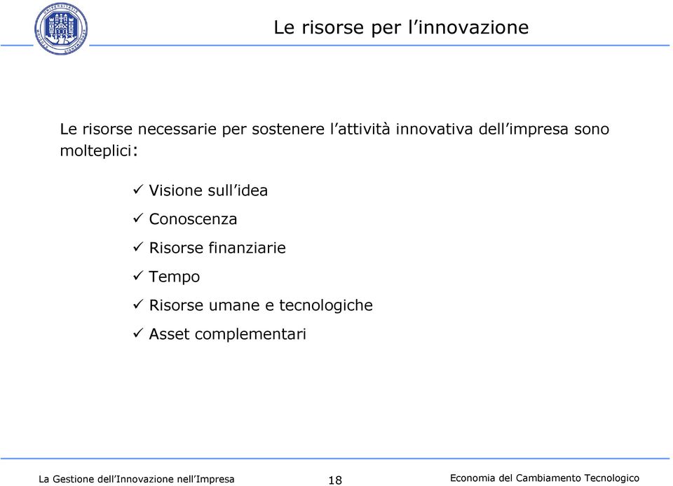 Risorse finanziarie Tempo Risorse umane e tecnologiche Asset complementari