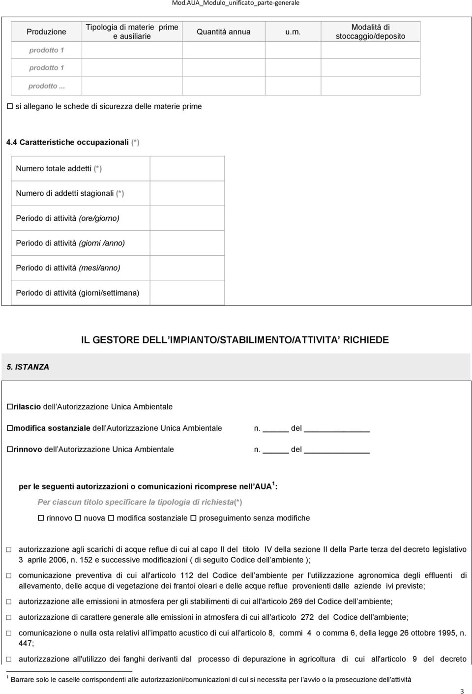 Periodo di attività (giorni/settimana) IL GESTORE DELL IMPIANTO/STABILIMENTO/ATTIVITA RICHIEDE 5.