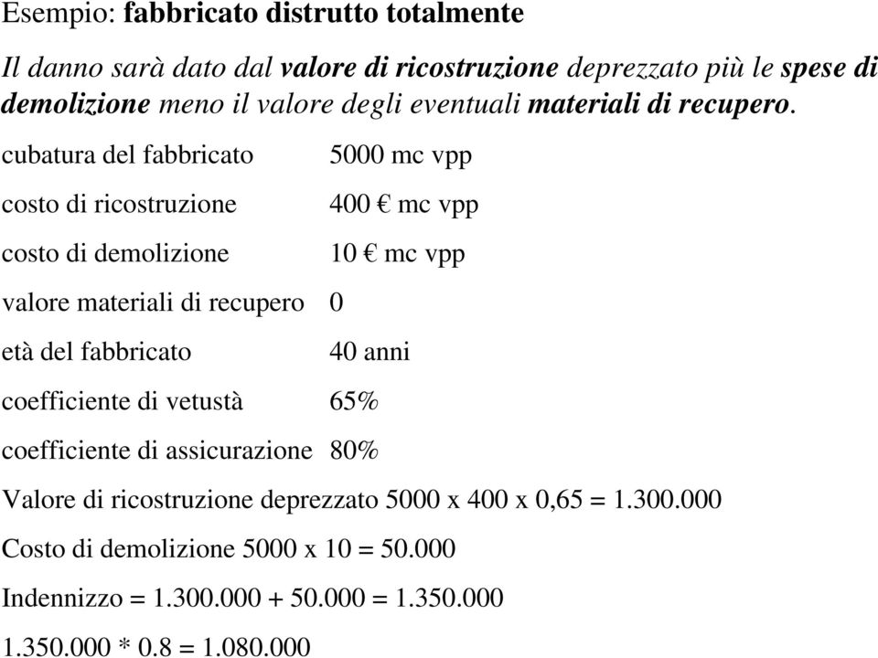 cubatura del fabbricato costo di ricostruzione costo di demolizione valore materiali di recupero 0 età del fabbricato 5000 mc vpp 400 mc vpp 10