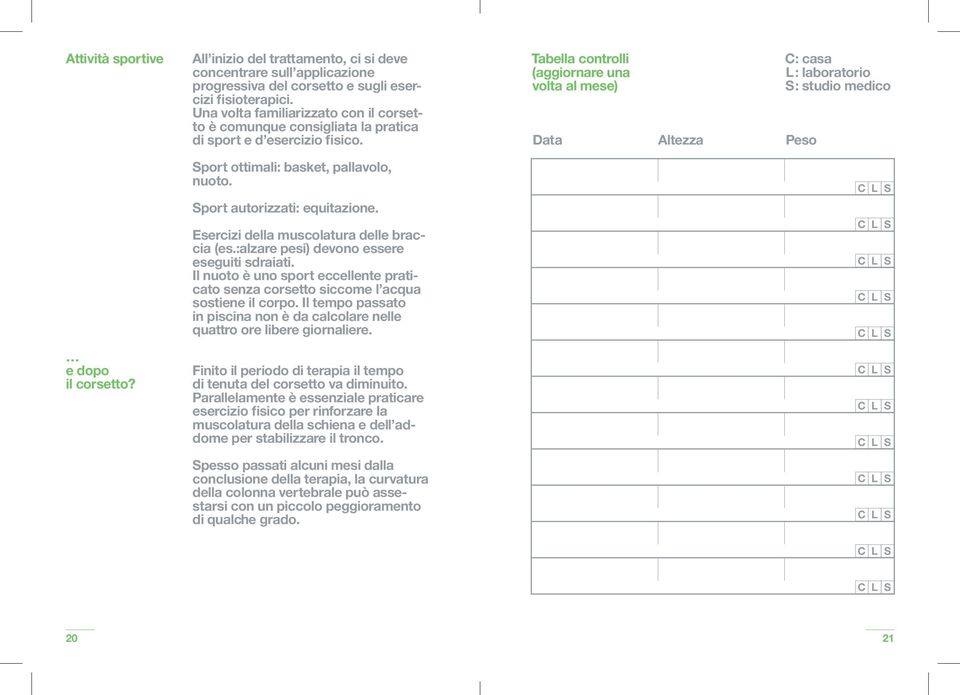 Tabella controlli (aggiornare una volta al mese) Data Altezza C: casa L: laboratorio S: studio medico Peso Sport ottimali: basket, pallavolo, nuoto. Sport autorizzati: equitazione.