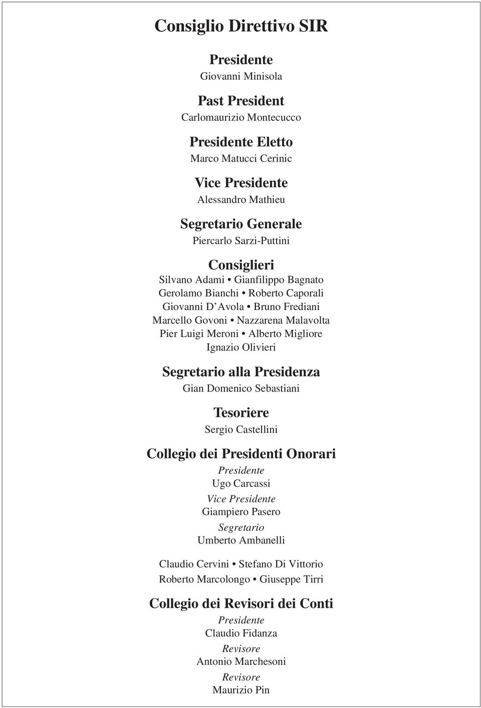 Alberto Migliore Ignazio Olivieri Segretario alla Presidenza Gian Domenico Sebastiani Tesoriere Sergio Castellini Collegio dei Presidenti Onorari Presidente Ugo Carcassi Vice Presidente Giampiero