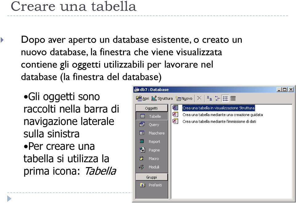 lavorare nel database (la finestra del database) Gli oggetti sono raccolti nella