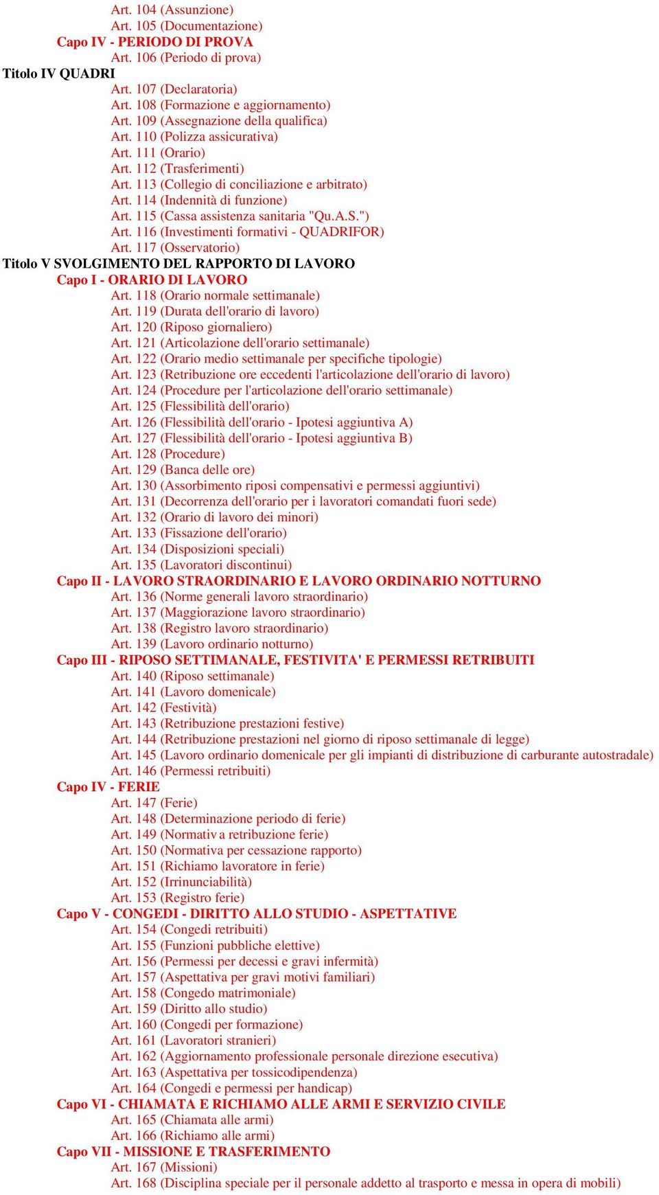 115 (Cassa assistenza sanitaria "Qu.A.S.") Art. 116 (Investimenti formativi - QUADRIFOR) Art. 117 (Osservatorio) Titolo V SVOLGIMENTO DEL RAPPORTO DI LAVORO Capo I - ORARIO DI LAVORO Art.