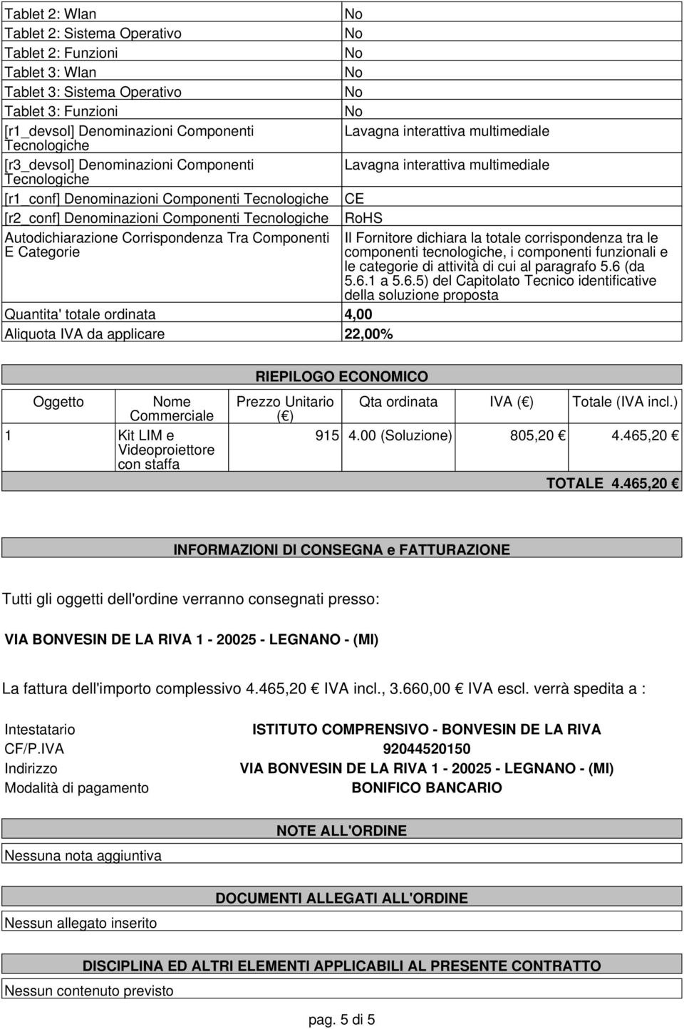 ordinata 4,00 Aliquota IVA da applicare 22,00% Lavagna interattiva multimediale Lavagna interattiva multimediale CE RoHS Il Fornitore dichiara la totale corrispondenza tra le componenti tecnologiche,