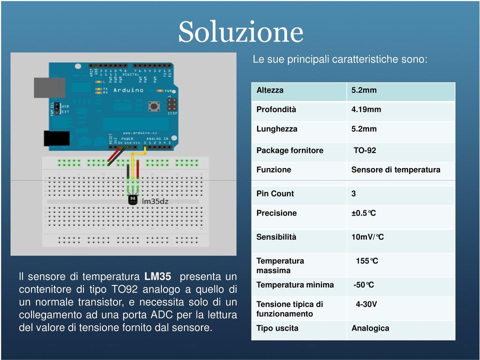 5 C Sensibilità 10mV/ C ll sensore di temperatura LM35 presenta un contenitore di tipo TO92 analogo a quello di un normale transistor,