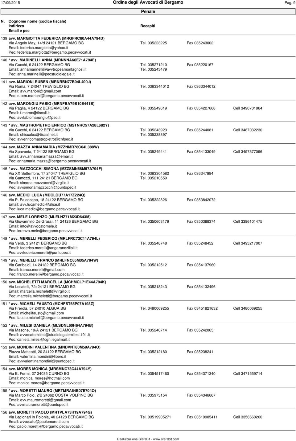 it Fax 035220167 141 avv. MARIONI RUBEN (MRNRBN77B04L400J) Via Roma, 7 24047 TREVIGLIO BG Tel. 0363344012 Fax 0363344012 Email: avv.marioni@gmail.com Pec: ruben.marioni@bergamo.pecavvocati.it 142 avv.