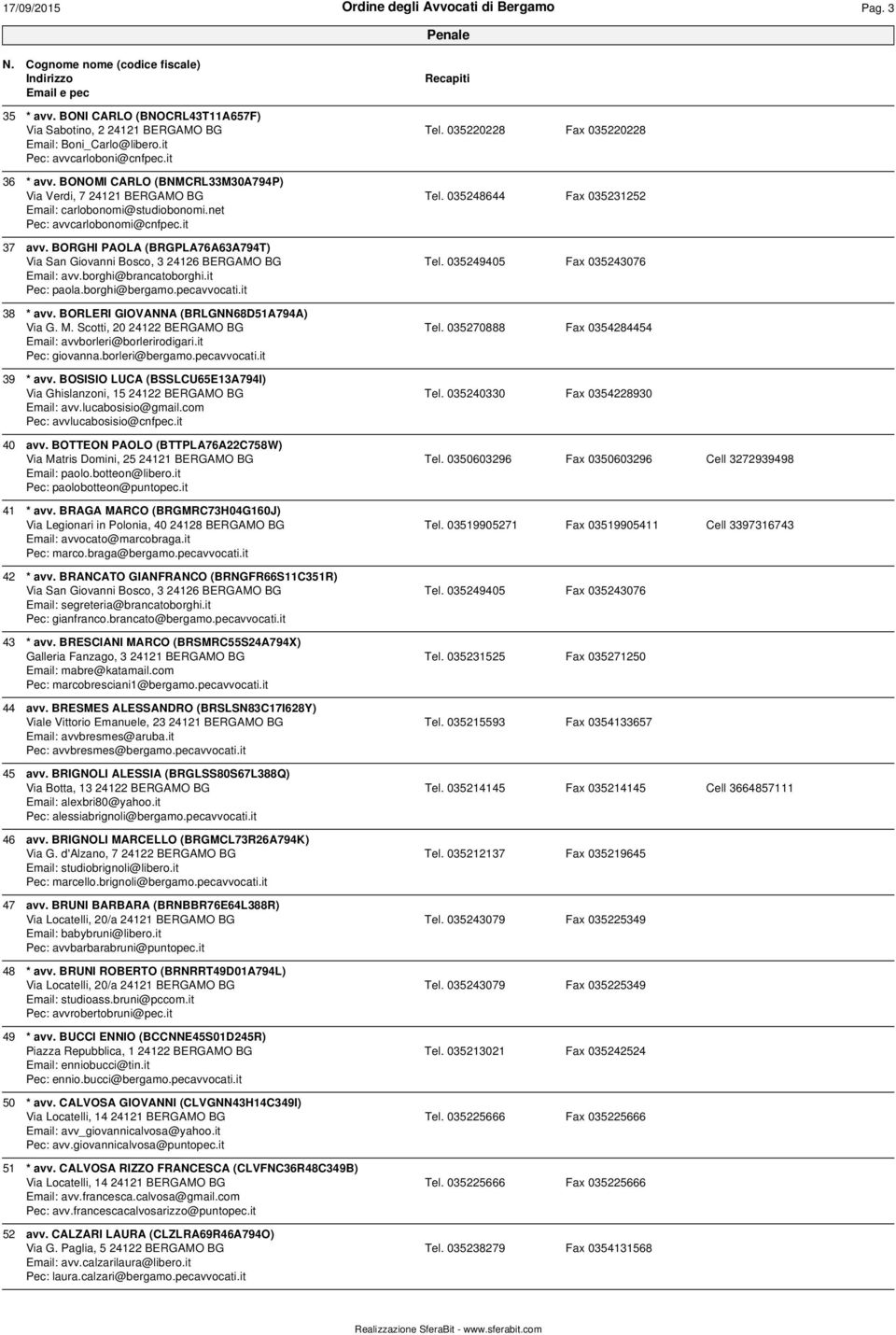 BORGHI PAOLA (BRGPLA76A63A794T) Via San Giovanni Bosco, 3 24126 BERGAMO BG Tel. 035249405 Fax 035243076 Email: avv.borghi@brancatoborghi.it Pec: paola.borghi@bergamo.pecavvocati.it 38 * avv.