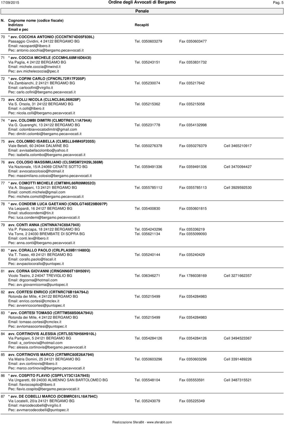 COFINI CARLO (CFNCRL72R17F205P) Via Zambianchi, 2 24121 BERGAMO BG Tel. 035230074 Fax 035217642 Email: carlocofini@virgilio.it Pec: carlo.cofini@bergamo.pecavvocati.it 73 avv.